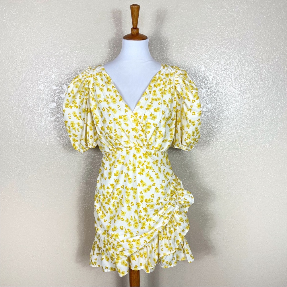 Free People RAHI Yellow Petra Floral Printed Ruched Dress Size Medium NWT